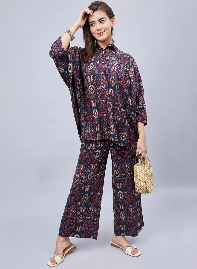 WineRed طقم قميص وبنطلون بطبعة شاملة